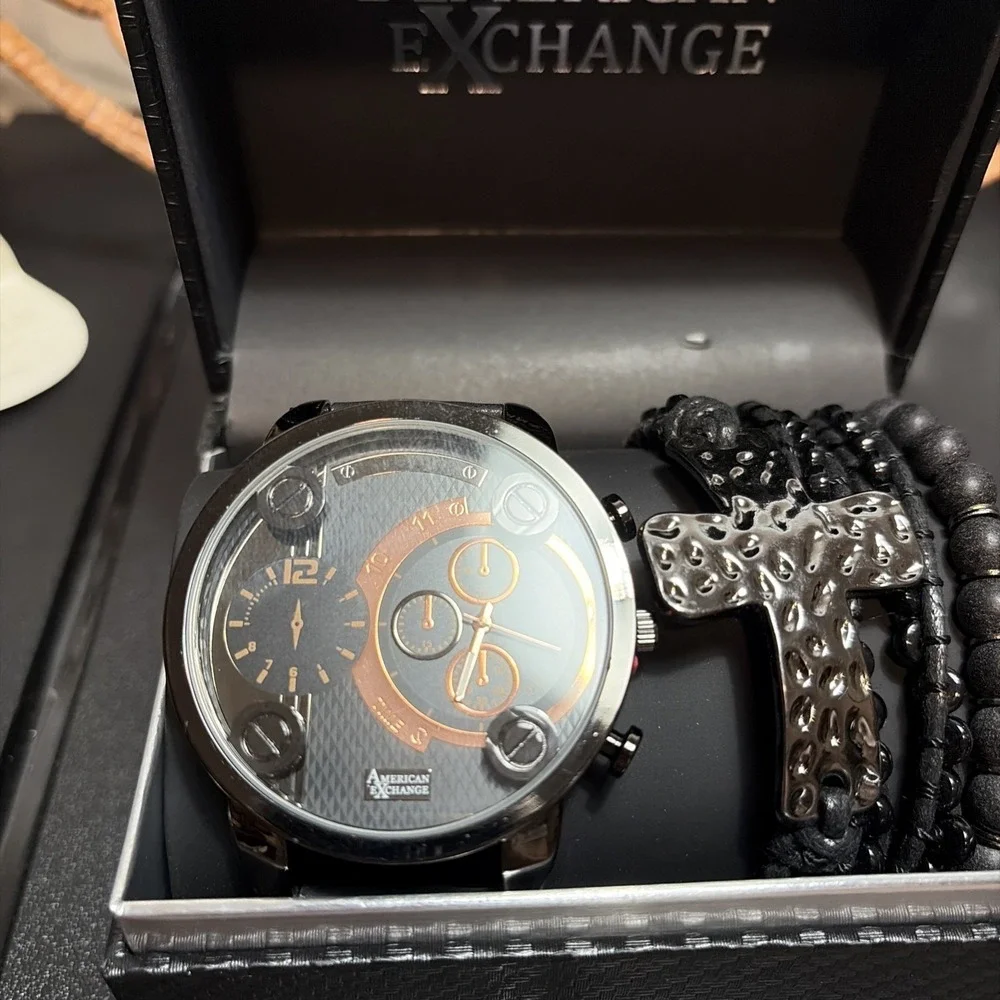 American Exchange Men's Quartz Black Watch & Jewelry Gift Set- BRAND NEW IN‎ BOX